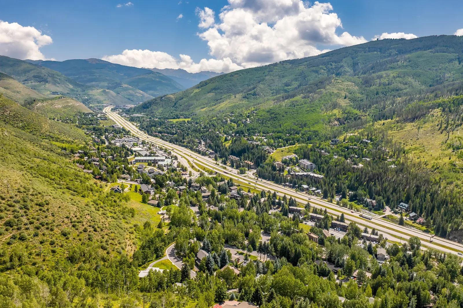 Aerial view of the Vail Valley floor and Interstate 70 in summer